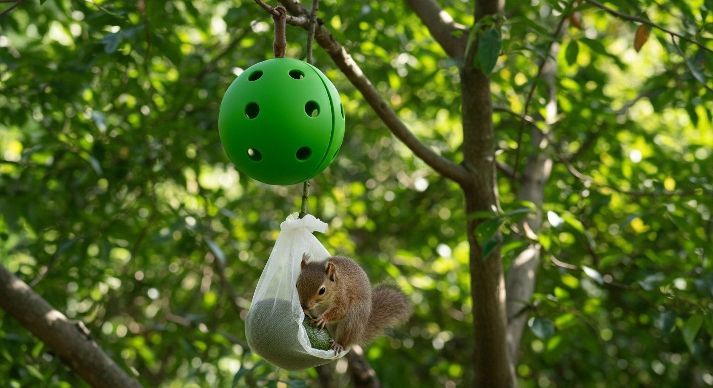 Squirrel chewing through a mesh bag while a nearby avocado stays protected inside a green Fruit Hugger shell.