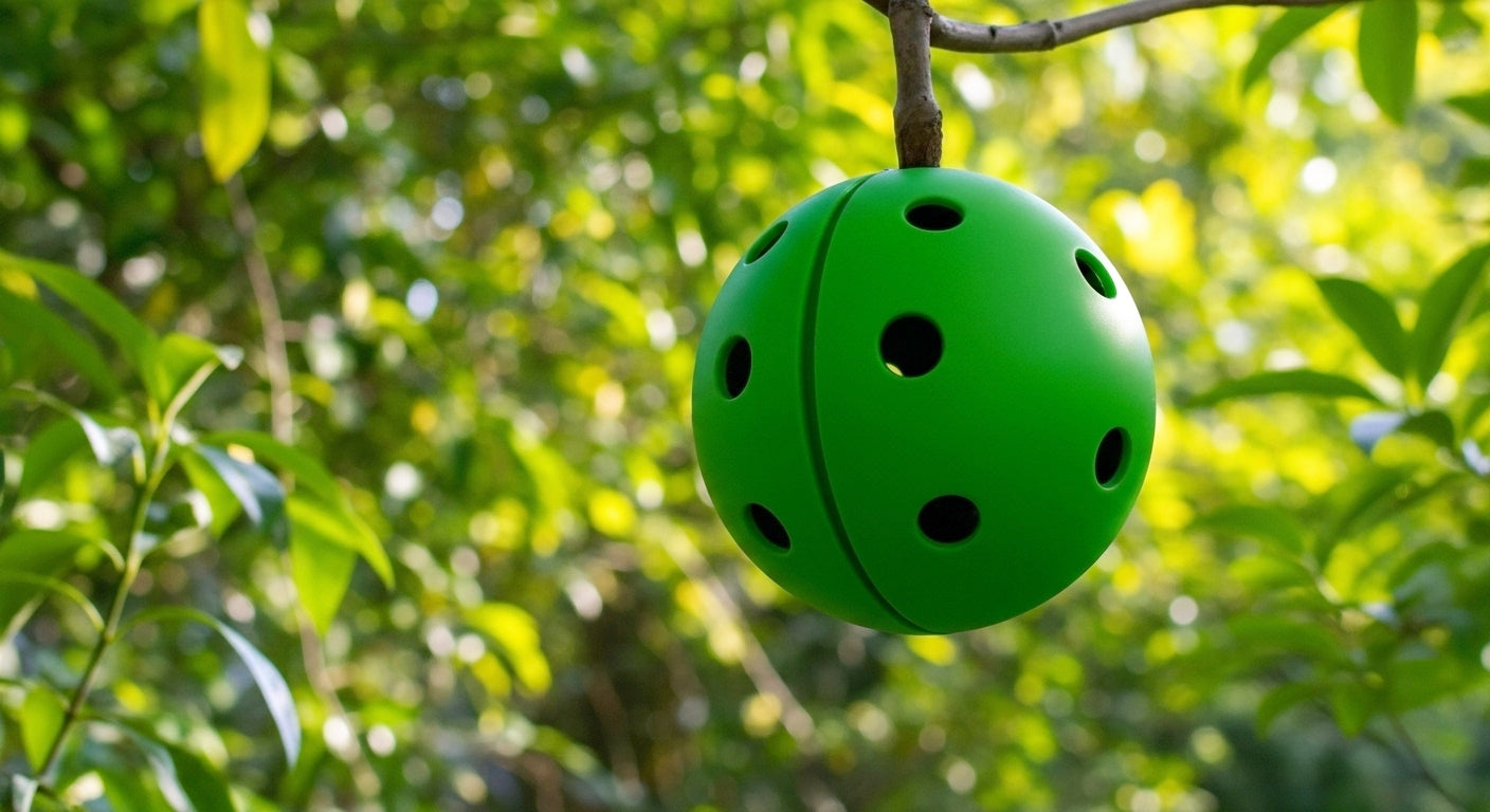 Bright green Fruit Hugger protective shell hanging on a tree branch, shielding avocados or other fruit from squirrels and pests